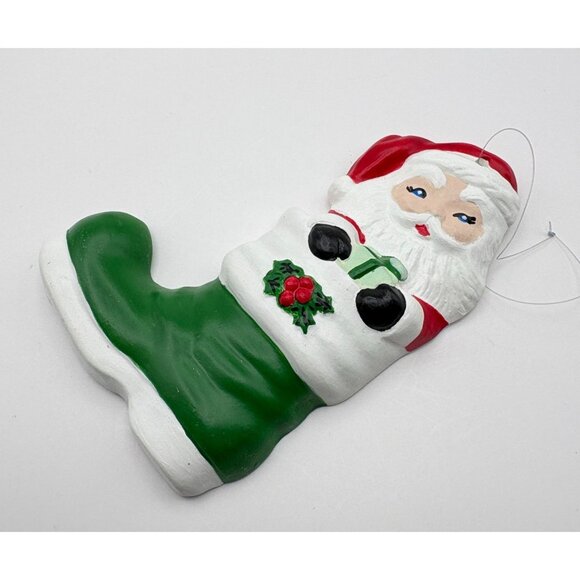 Vintage Santa Claus Boot Christmas Tree Ornament Green Holly Accent Hand Painted - Picture 4 of 6